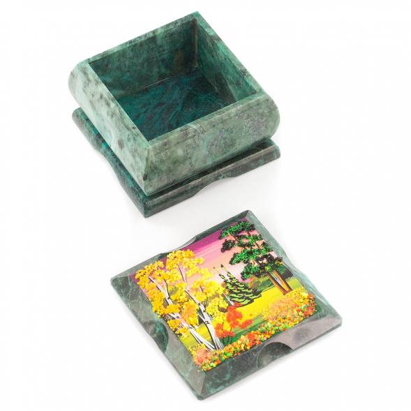 Шкатулка змеевик рисунок осень 10х10х6,5 см 119905