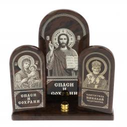 Икона настольная триптих большая "Спаси и сохрани" камень обсидиан