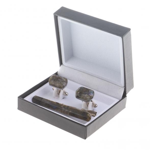 Набор запонки закругленные и зажим для галстука камень лабрадор 124479