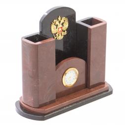 Часы настольные с карандашницей "Герб РФ" камень лемезит