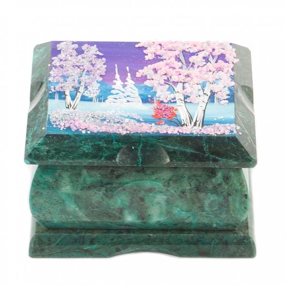 Шкатулка змеевик рисунок зима 10х10х6,5 см 119906