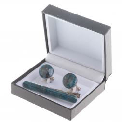 Набор запонки круглые и зажим для галстука камень голубой апатит