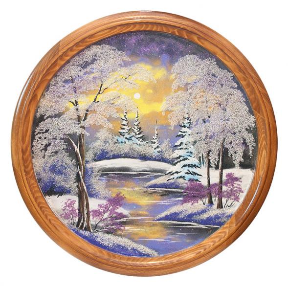 Панно каменное на тарелке из дерева &amp;quot;Зимний пейзаж&amp;quot; 60 см 111125