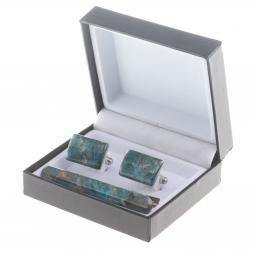 Набор запонки прямоугольные и зажим для галстука камень голубой апатит