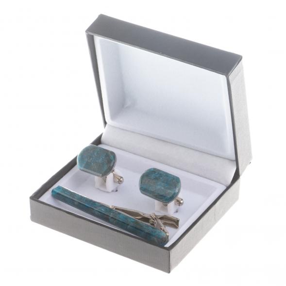 Набор запонки закругленные и зажим для галстука камень голубой апатит 124483