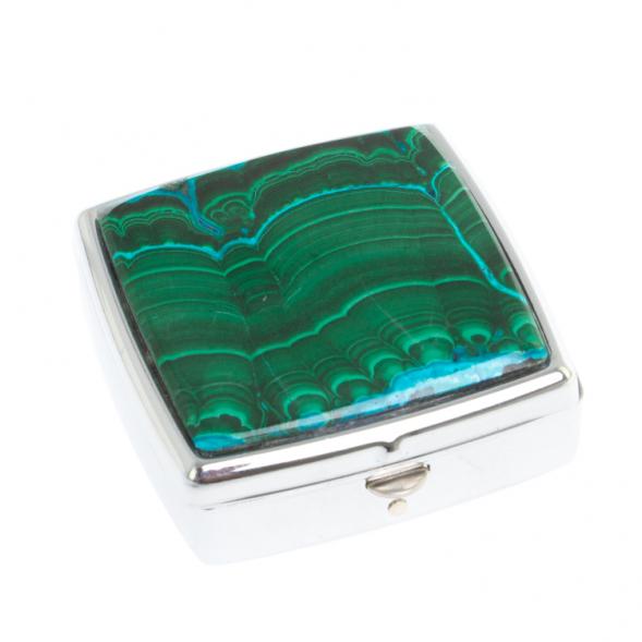 Таблетница на 2 отсека камень малахит с хризоколлой цвет серебро 126734