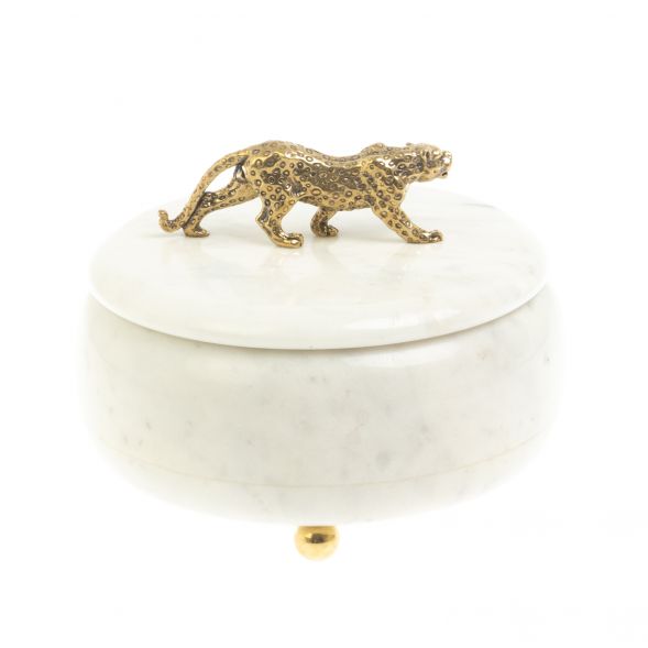 Шкатулка круглая &amp;quot;Гепард&amp;quot; из белого мрамора 15х15х12 см 127680