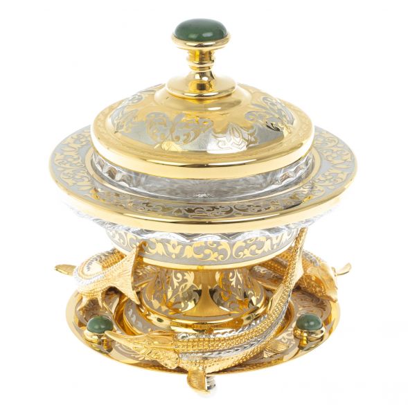 Икорница &amp;quot;Три стерлядки&amp;quot; камень нефрит 128980