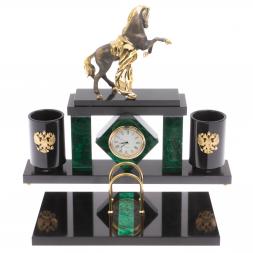 Письменный набор с часами &amp;quot;Конь с попоной&amp;quot; из малахита