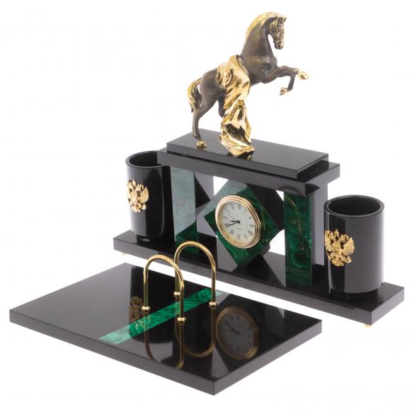 Письменный набор с часами &amp;quot;Конь с попоной&amp;quot; из малахита 129561