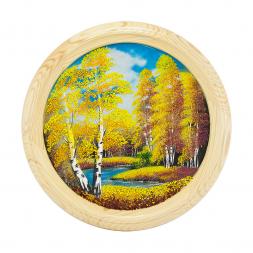 Панно каменное на тарелке из дерева "Осенний пейзаж" 40 см