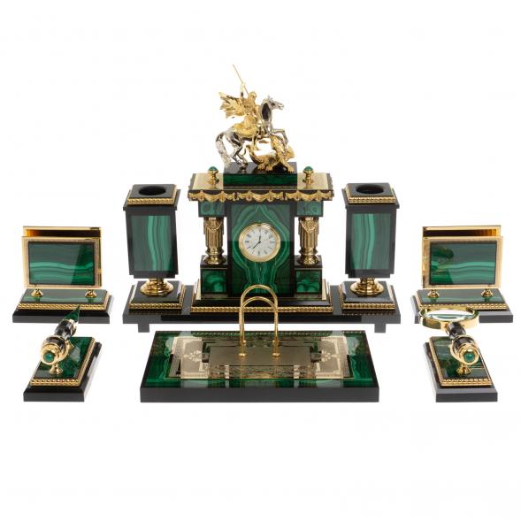 Письменный набор &amp;quot;Георгий Победоносец&amp;quot; из малахита Златоуст 129488