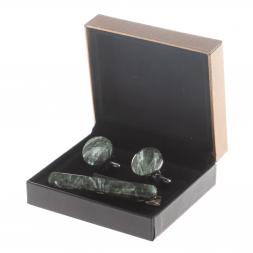 Набор запонки круглые и зажим для галстука камень серафинит