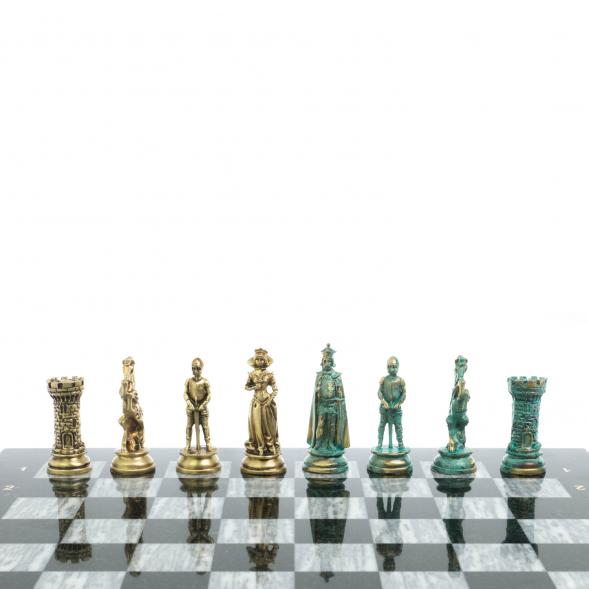 Шахматы &amp;quot;Средневековые рыцари&amp;quot; фигуры бронза / патина серый мрамор 44х44 см 128393