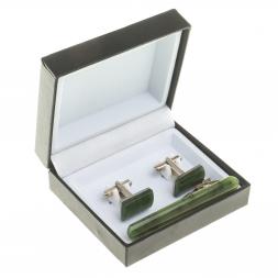 Набор запонки прямоугольные и зажим для галстука нефрит