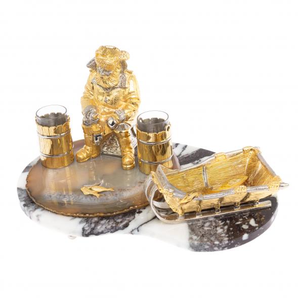 Икорница со стопками &amp;quot;Рыбак с санями&amp;quot; камень агат, мрамор Златоуст 126520