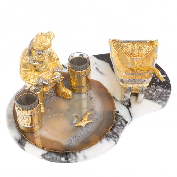 Икорница со стопками &amp;quot;Рыбак с санями&amp;quot; камень агат, мрамор Златоуст 126520