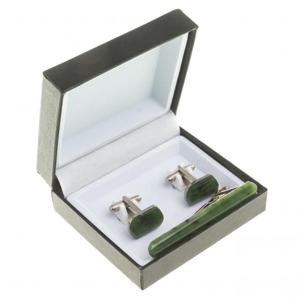 Набор запонки закругленные и зажим для галстука нефрит 124084
