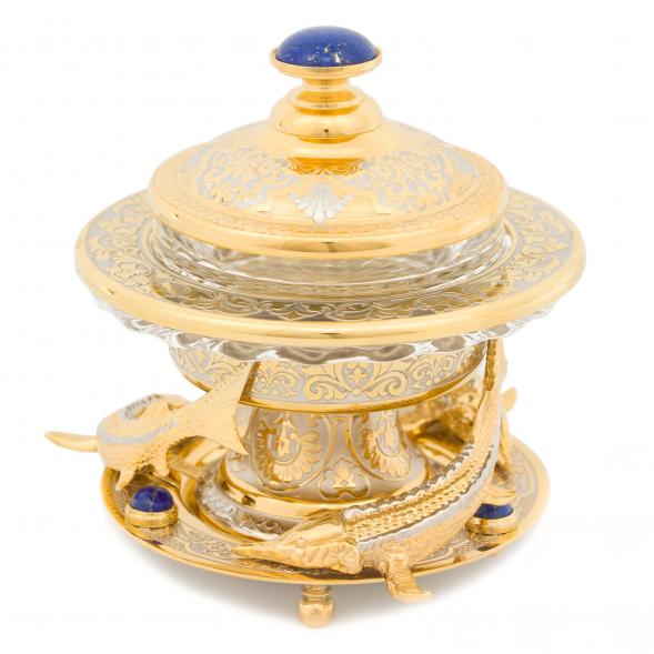 Икорница &amp;quot;Три стерлядки&amp;quot; камень лазурит в подарочной упаковке Златоуст 116465