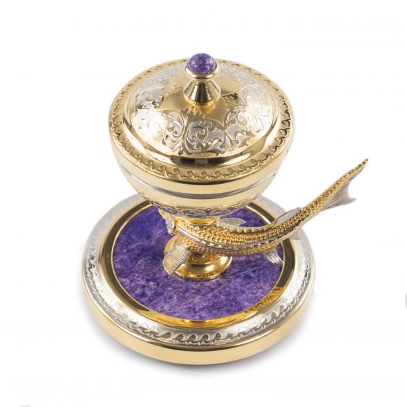 Икорница с рыбкой из бронзы &amp;quot;Стерлядка&amp;quot; камень чароит позолота Златоуст 121421