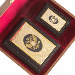 Подарочный набор "Держава" ежедневник и визитница коричневая кожа