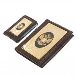 Подарочный набор "Держава" ежедневник и визитница коричневая кожа