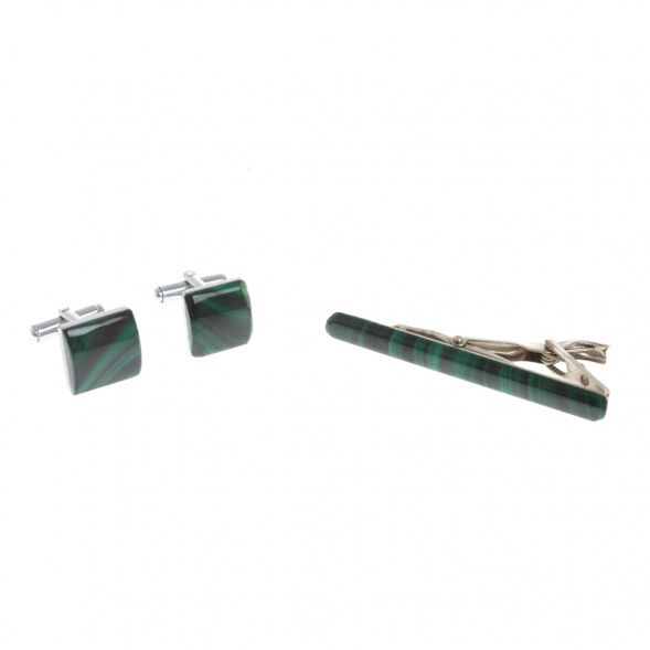 Набор запонки квадратные и зажим для галстука малахит 128843