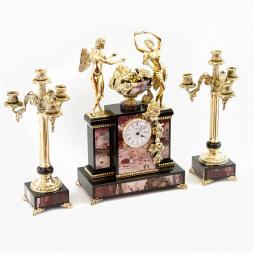 Каминные часы с канделябрами &amp;quot;Амур и Психея&amp;quot; из яшмы и бронзы