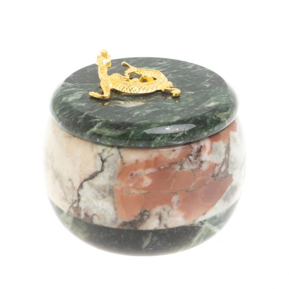 Шкатулка круглая из креноида и шабровского змеевика 7х7х6 см 127696