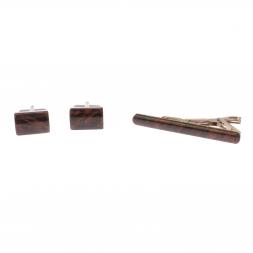 Набор запонки прямоугольные и зажим для галстука камень обсидиан