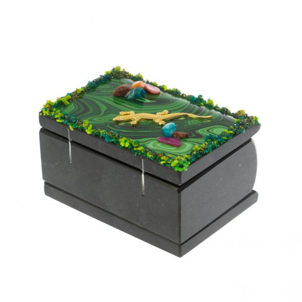 Шкатулка с иллюстрацией под малахит &amp;quot;Ящерица и самоцветы&amp;quot; змеевик 10х6,5х6 см 128776