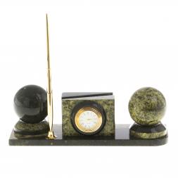 Мини-набор с часами &amp;quot;Два шара&amp;quot; из камня змеевик