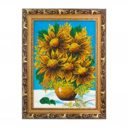 Картина с рисунком из камня "Подсолнухи в вазе" в багете 36х46 см сиреневый фон