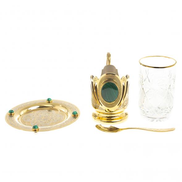 Чайная пара &amp;quot;Малахитовая&amp;quot; тарелка и подстаканник с ложкой Златоуст 113846