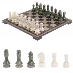 Шахматы с гравировкой "Греческий орнамент" доска 40х40 см змеевик белый мрамор