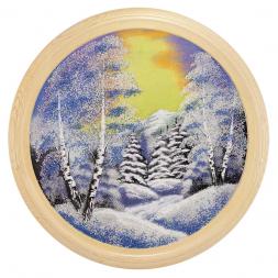 Панно каменное на тарелке из дерева "Зимний пейзаж" 50 см