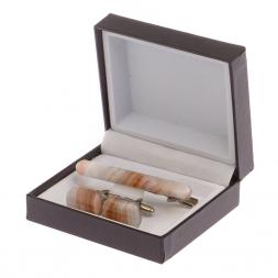 Набор запонки закругленные и зажим для галстука камень агат