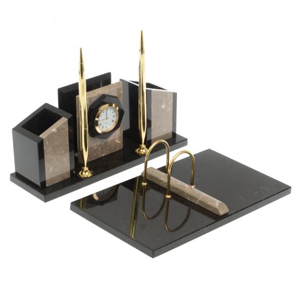 Письменный набор &amp;quot;Канцелярский&amp;quot; с часами камень бежевый мрамор 127468