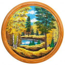 Панно каменное на тарелке из дерева "Осенний пейзаж" 60 см