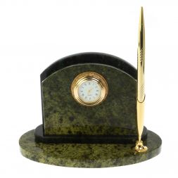 Визитница настольная для бумаг с часами и ручкой / змеевик