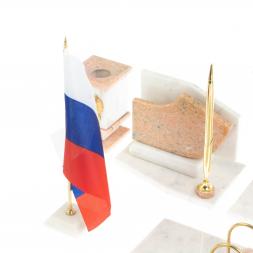 Письменный прибор с гербом и флагом России камень розовый мрамор