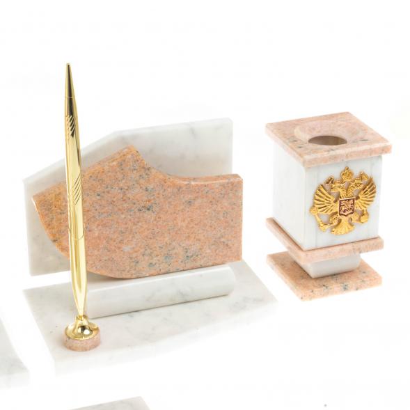 Письменный прибор с гербом и флагом России камень розовый мрамор 123754