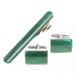 Набор запонки прямоугольные и зажим для галстука малахит
