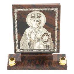 Икона настольная &amp;quot;Св. Николай Чудотворец&amp;quot; из обсидиана с подсвечниками