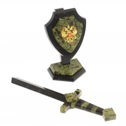 Настольный сувенир &amp;quot;Щит и меч&amp;quot; камень змеевик 10х7х28 см