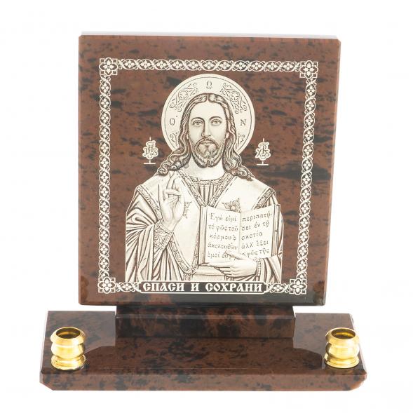 Икона настольная &amp;quot;Спаси и сохрани&amp;quot; из обсидиана с подсвечниками 122897