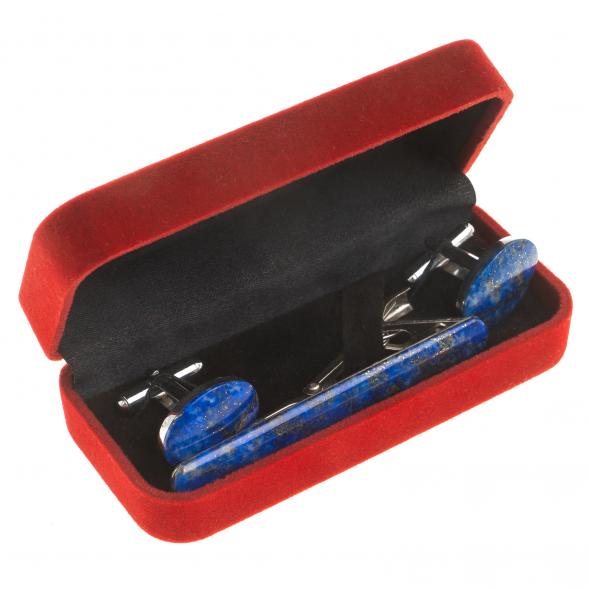 Комплект зажим для галстука и запонки овальные лазурит 123845