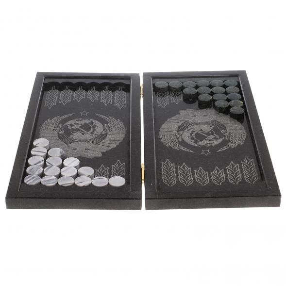 Нарды с гравировкой &amp;quot;Герб СССР / герб РФ&amp;quot; камень гранит 124587