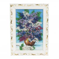 Картина из каменной крошки "Букет сирени" 20х30 см в багете синий фон