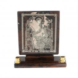 Икона настольная "Всецарица" из обсидиана с подсвечниками